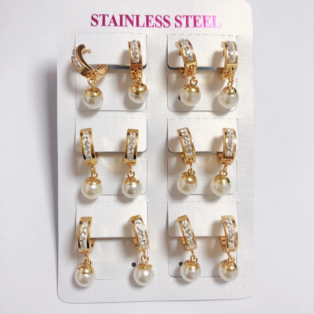 

6Pairs/Set Simulated Pearl Titanium/Stainless Steel Gold Hoops Pendant Drop/Dangle Earrings for Women Wholesale Earrings Set