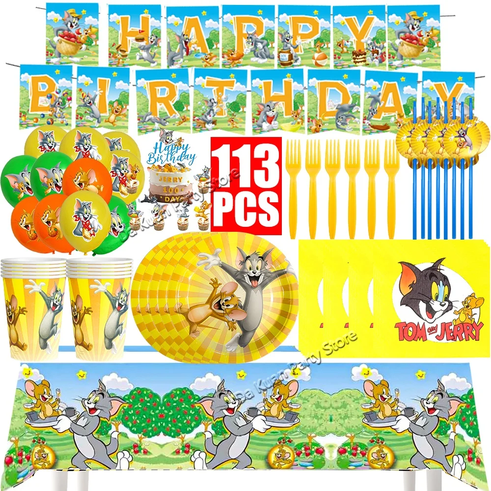 Animation Cat Cartoon Catch Mouse Paper Tableware Kit Theme Birthday Party Decoration Cake Topper Baby Shower Balloons Banner Birthday Party Supplies