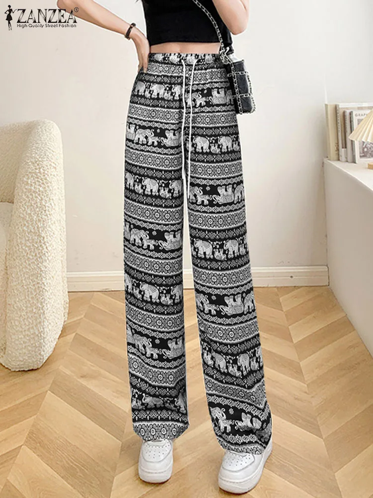 

Women Elastic Waisted Pants 2023 Autumn ZANZEA Printed Long Trouser Fashion Oversized Straight Pantalons Casual Pockets Bottoms