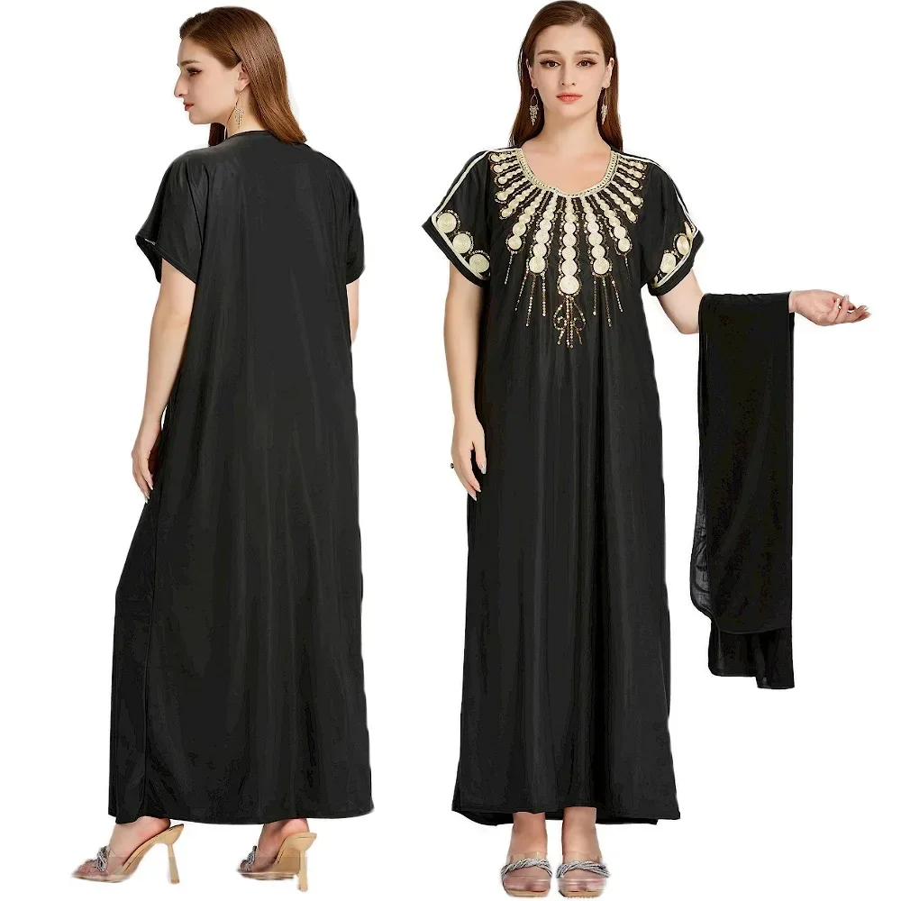 2023 Latest Muslim African Women Dress Kaftan Ice Silk Fabric Embroidery Process Short Sleeve Long Loose Dress Islamic Clothing