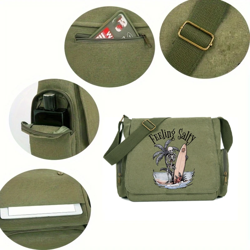 Men's Shoulder Bag Women's Crossbody Bag Canvas Skeleton Print Large Capacity for Travel Messenger Bag