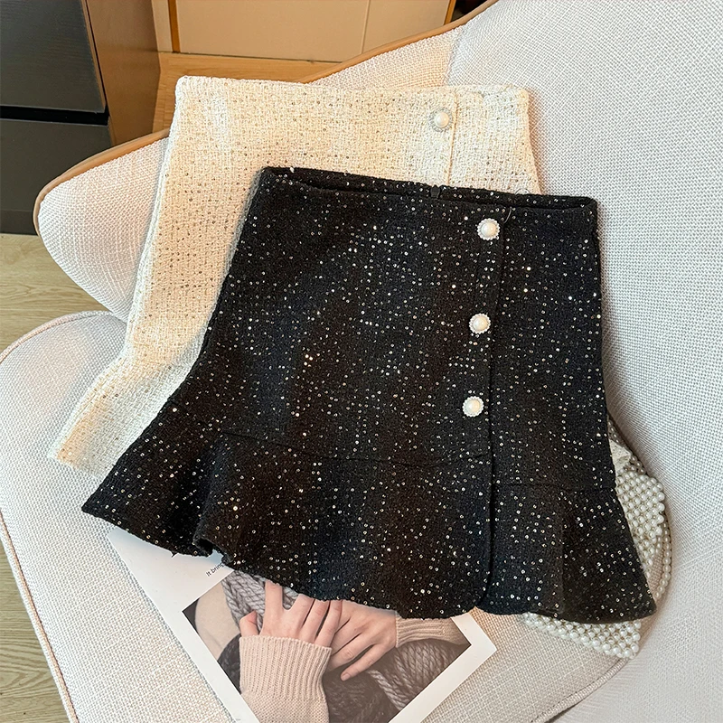 

Tweed Skirt for Women Sequins Button Flounced Edge Mini Skirts Woman High Waist Solid Color A-line Streetwear Spring Dropship