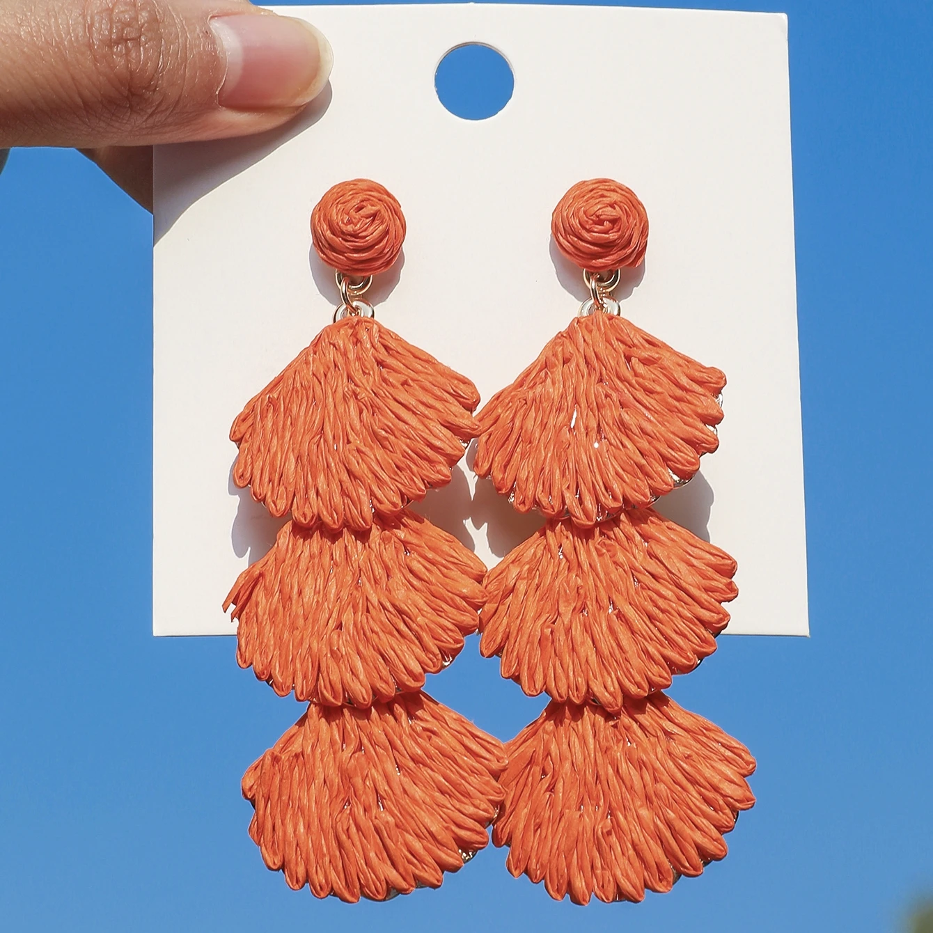 Trendy Handmade Raffia Shell Long Hanging Earrings for Women Girls Summer Beach Rattan Knit Drop Earrings Boho Jewelry Gifts