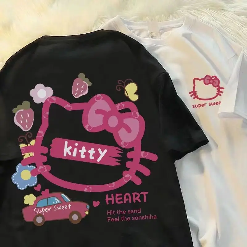 

Летняя детская хлопковая Футболка Hello Kitty с коротким рукавом, кавайная свободная тонкая футболка для девочек Sanrio с коротким рукавом, модные топы для девочек