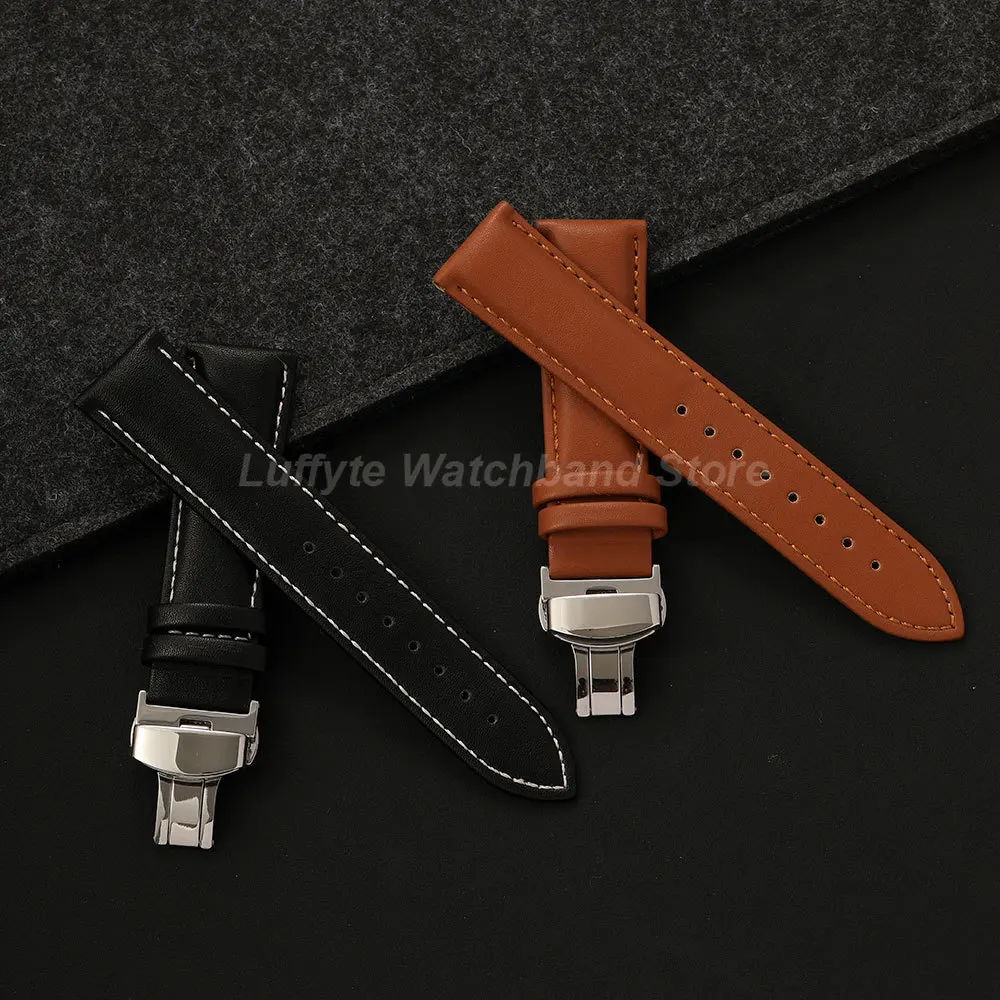 Classic Black and Brown Leather Watch Band with Butterfly Clasp Buckle – Elegant Replacement Strap