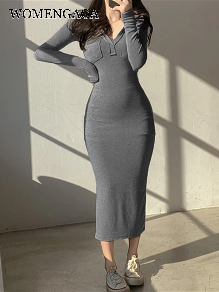 WOMENGAGA Elegant V neck Hooded Long 