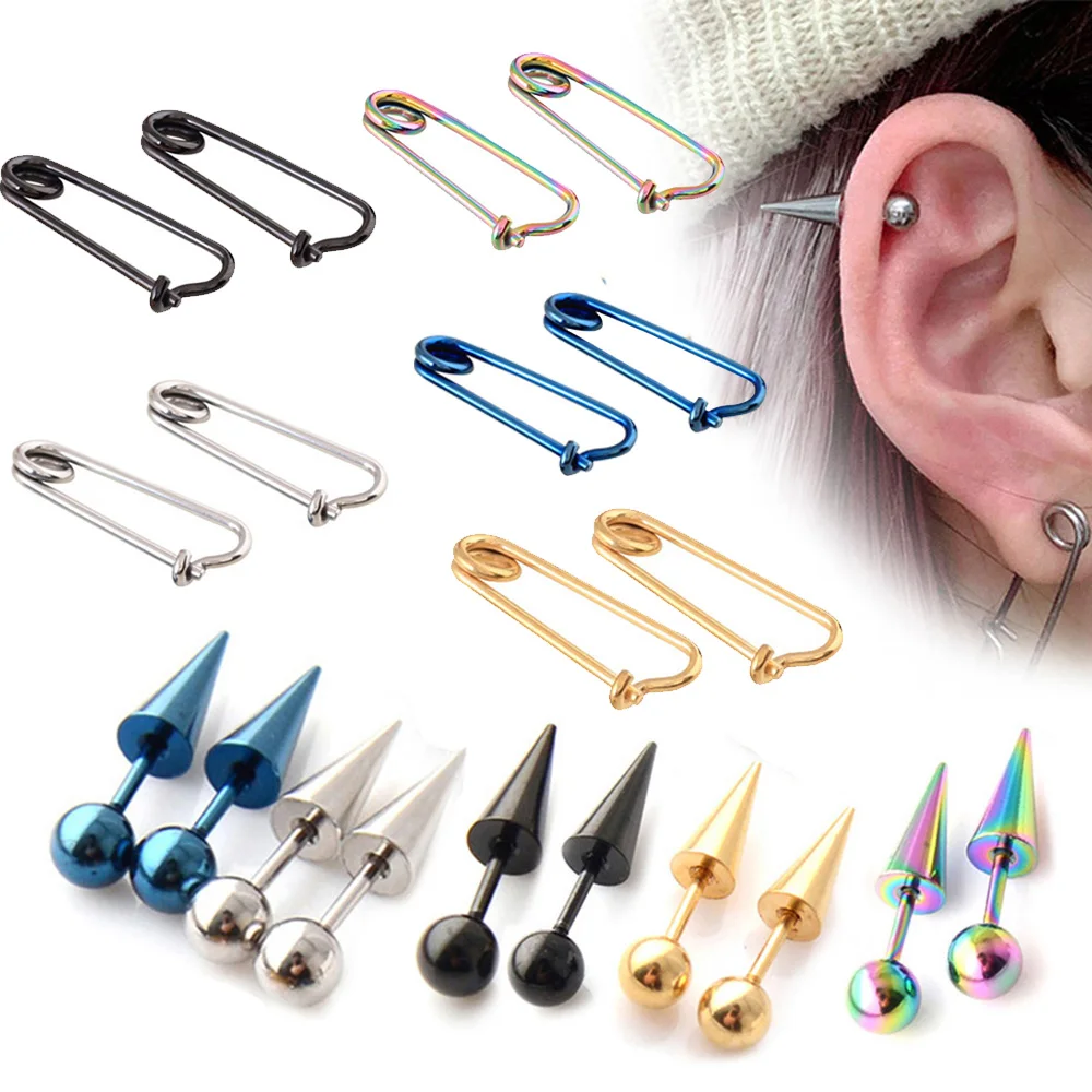 

2Pairs/Set Women Men Round Ball Spike Cone Tip Titanium Steel Screw Back (Pierced) Stud Earrings Punk Gothic Jewelry Gifts