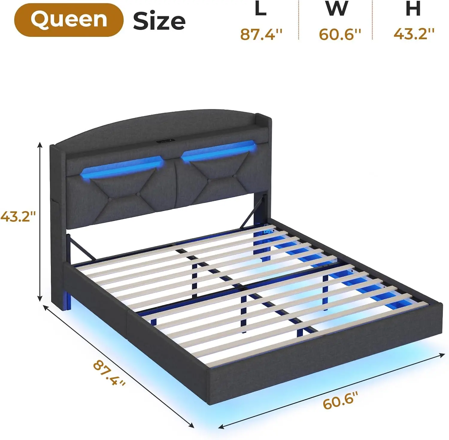Floating Queen Bed Frame with Charging Station & Hidden Storage Headboard, RGB Floating Platform Bed Dark Grey 2