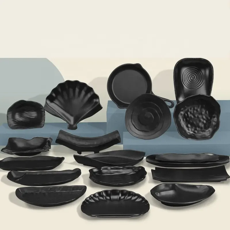 Matte Black Plate Melamine Tableware Snack Plate Square Plastic Dinner Kitchen Supplies Commercial Rotisserie Side Dishes