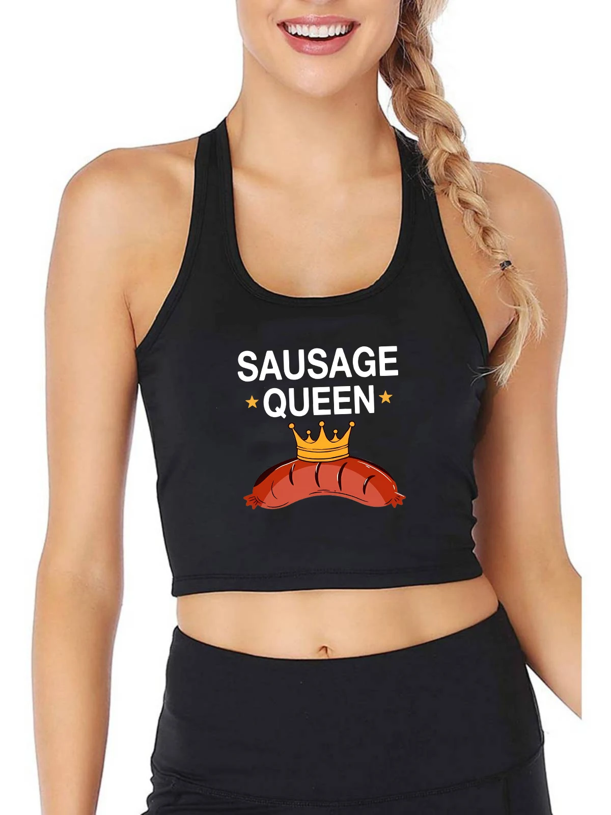 

Sausage Queen Design Cotton Sexy Slim Fit Tank Top Adult Humor Fun Flirty Print Crop Top Hotwife Naughty Training Camisole