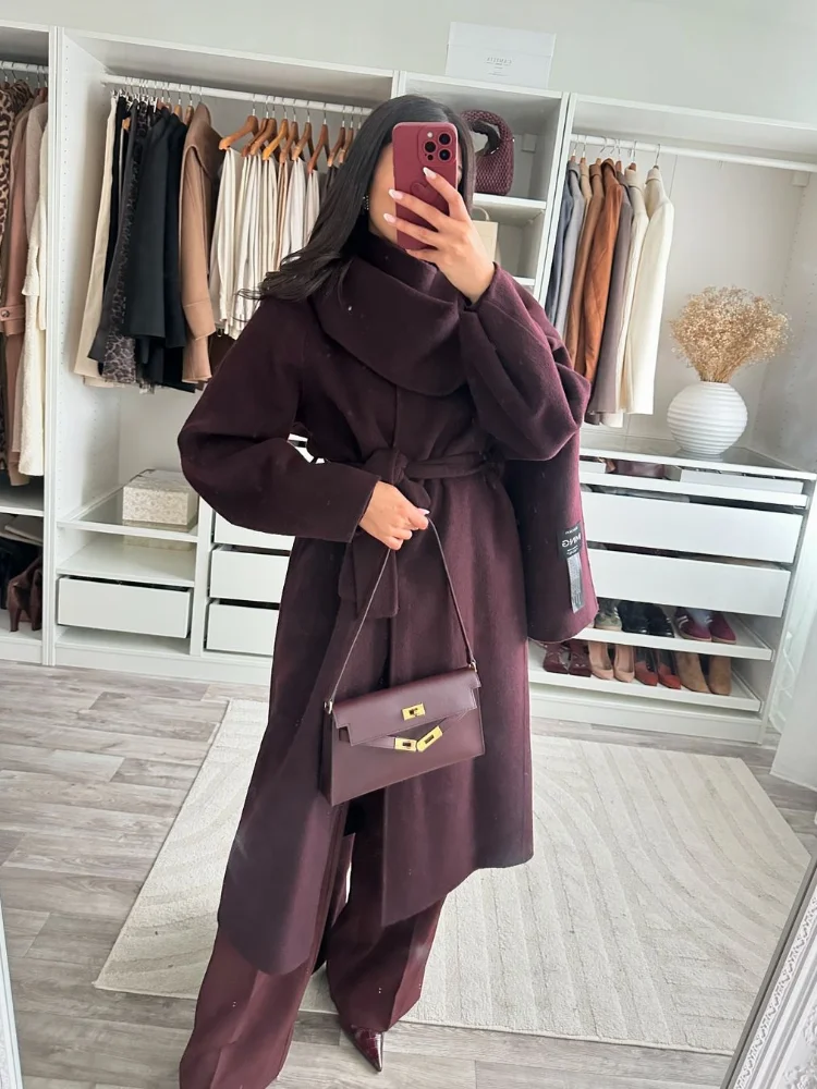 Women Elegant Burgundy Red Scarf Collar Woolen Overcoat Fashion Full Sleeve With Belt Casual Coat New Autumn Winter Lady Outwear 6