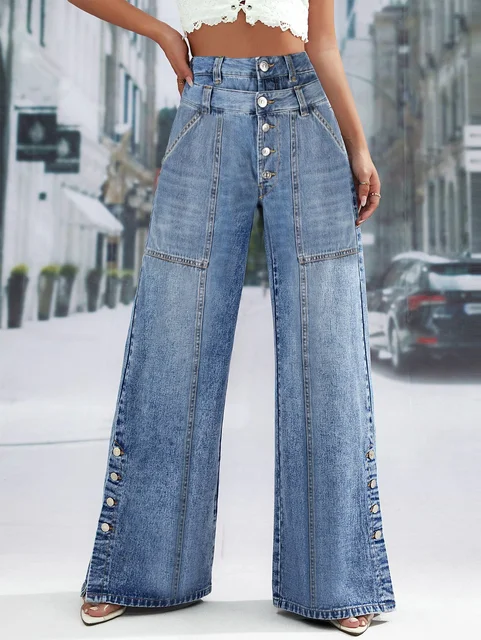 Plus Size Spliced Button Denim Straight Wide Leg Jeans Pockets High Waist Vintage Women Denim Jeans Casual Streetwear Trousers