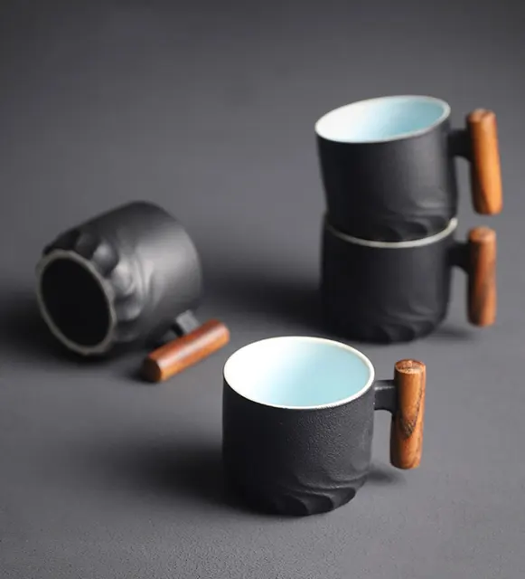 Wooden Handle Ceramic Tea Cup 6Pcs/set 3