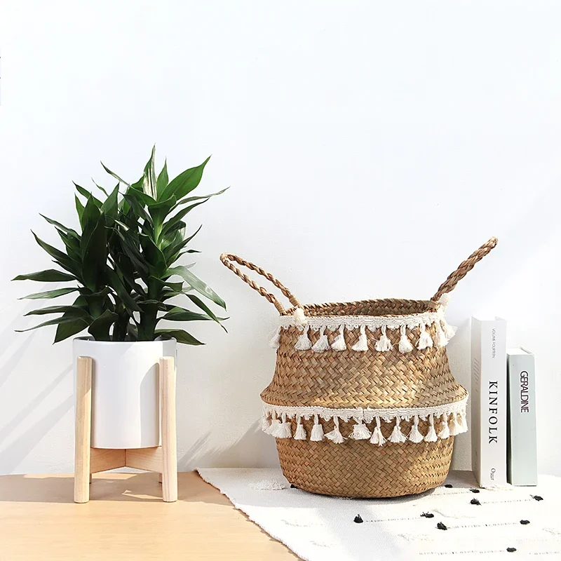 Handmade Bamboo Storage Baskets Foldable Laundry Straw Patchwork Wicker Rattan Seagrass Belly Garden Flower Pot Planter Basket 2