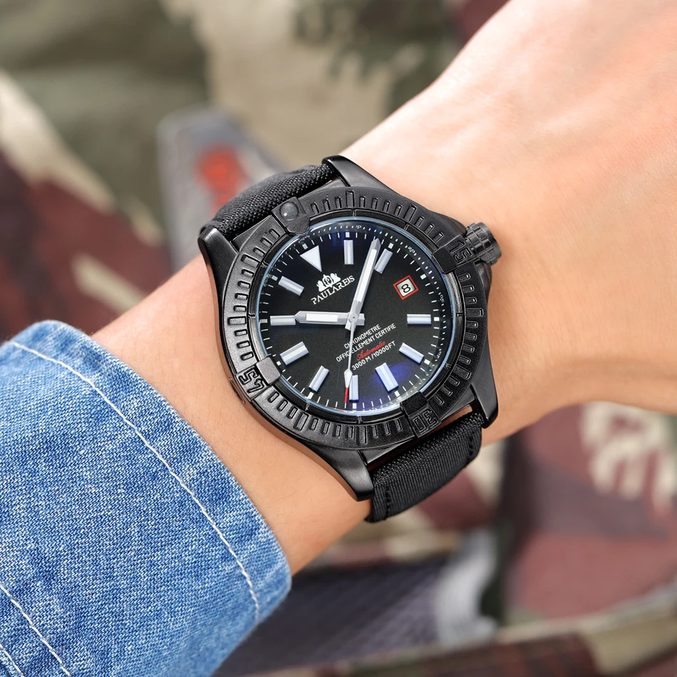 Automatic Self Wind Mechanical Black Bird Canvas Style Genuine Black Blue Leather Dial Date Luminous Luxury Men_voghion.com