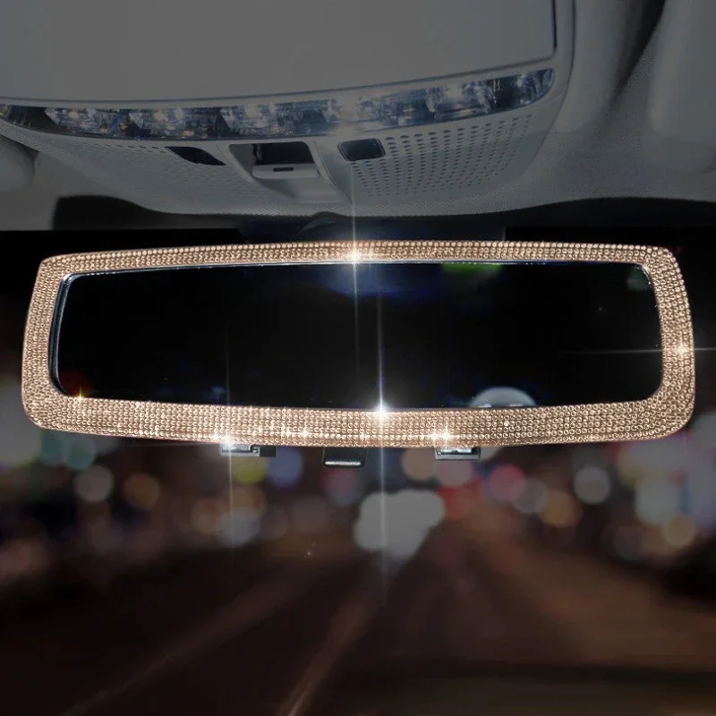 Sparkly Rhinestone Diamond Car Interior Rearview Mirror Decor Ornament Rear View Mirror Cover Car Bling Accessories for Women
