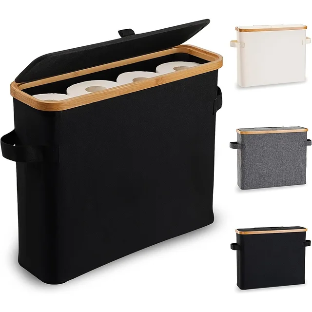 Porte-papier hygiénique en bambou avec couvercle - Organisateur de salle de bain autonome avec poignée, boîte de rangement de mouchoirs fermée 1