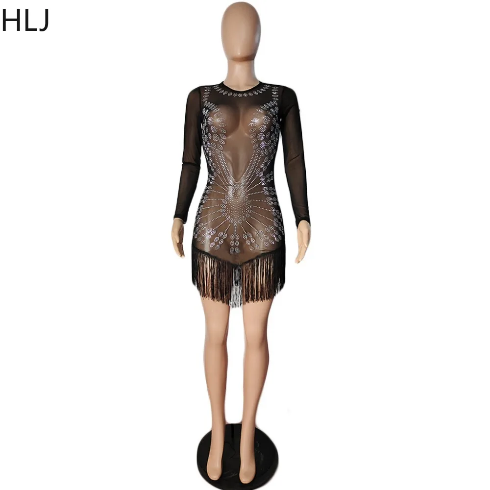 HLJ seksowna siatka z kryształkami perspektywiczna impreza sukienki do klubu kobiet z okrągłym dekoltem z długim rękawem frędzle Mini sukienka moda