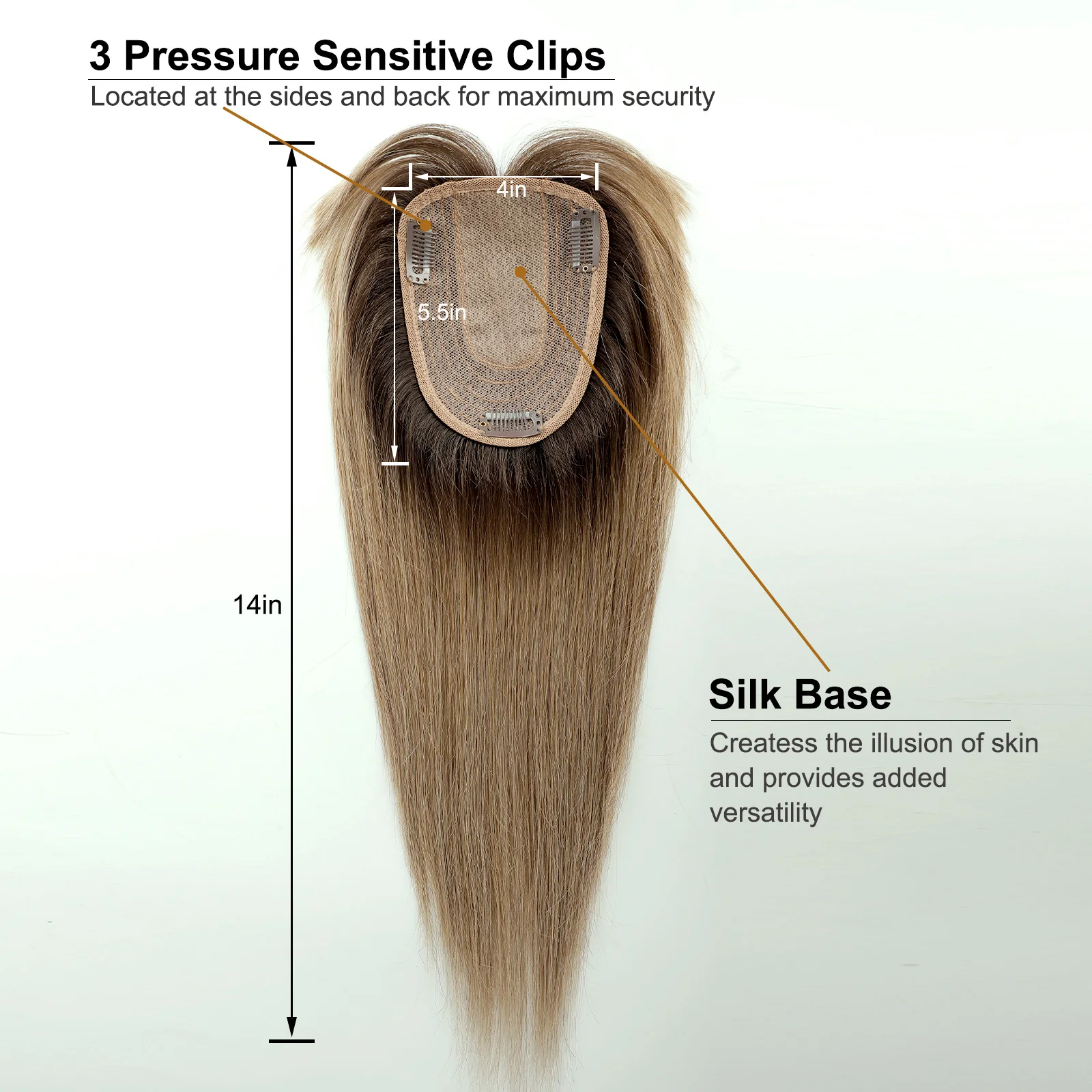 Remy Human Hair Toppers with Bangs 14in Brown Ombre Human Hair Pieces for Women with Thinning Silk Base Clip in Topper human hair extensions human hair toppers