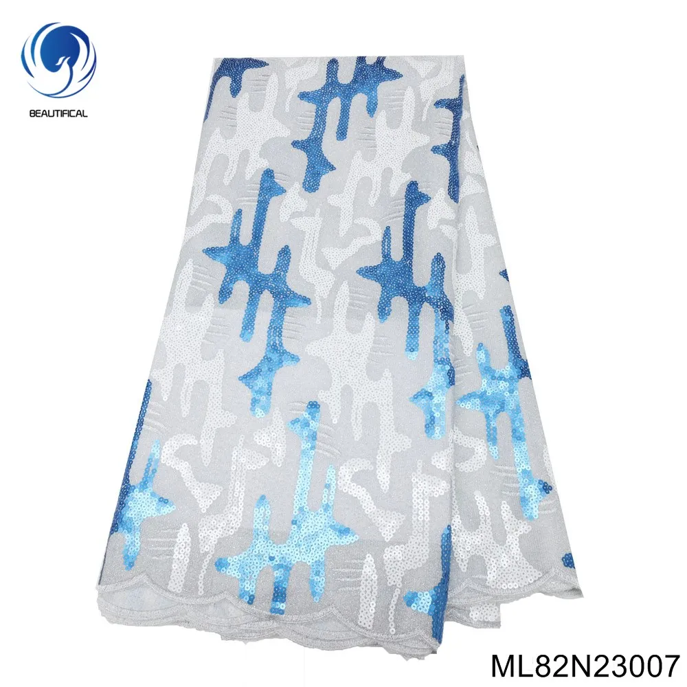 

Beautiful African Lace Fabric Embroidered Nigerian Party Dress High Quality White French Tulle Sequin 100% Polyester ML82N230