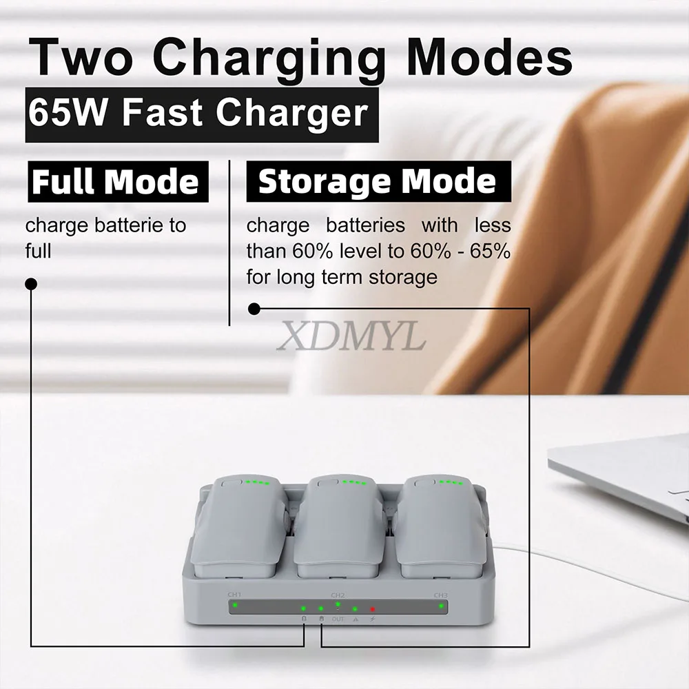 Chargeur intelligent DJI Neo 2 en action, avec batteries en charge et LED clignotantes indiquant le processus de charge rapide et équilibrée.