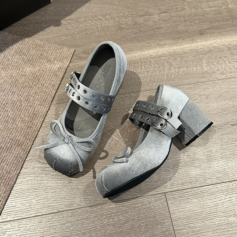 Bow Elegant Shallow Mary Janes Shoes Chunky High Heels Buckle Fad Pumps Spring New Trend 2025 Dress Designer Mujer De Zapatillas 2