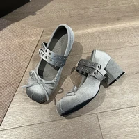 Bow Elegant Shallow Mary Janes Shoes Chunky High Heels Buckle Fad Pumps Spring New Trend 2025 Dress Designer Mujer De Zapatillas 2