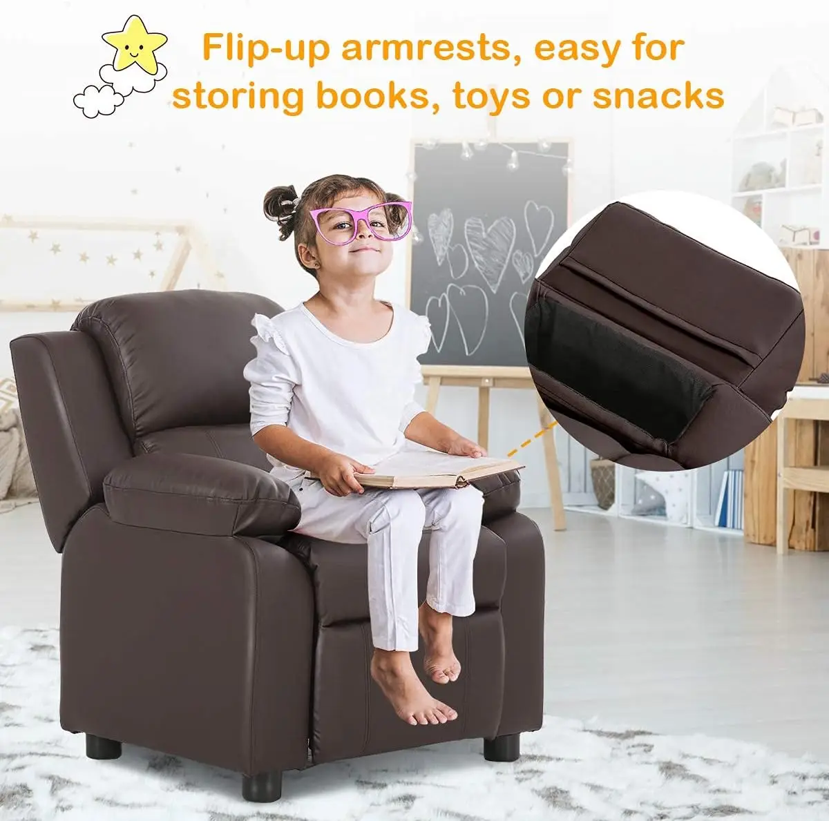 Kids Recliner, Leather Recliner Chair w/Footrest, Armrest Storage, Headrest & Lumbar Support, Ergonomic Lounge Chair for