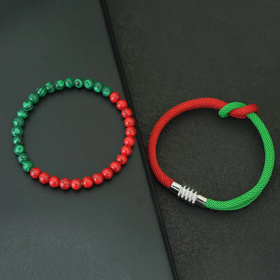 Green Red Howlite Beaded Christmas Bracelet Set For Men