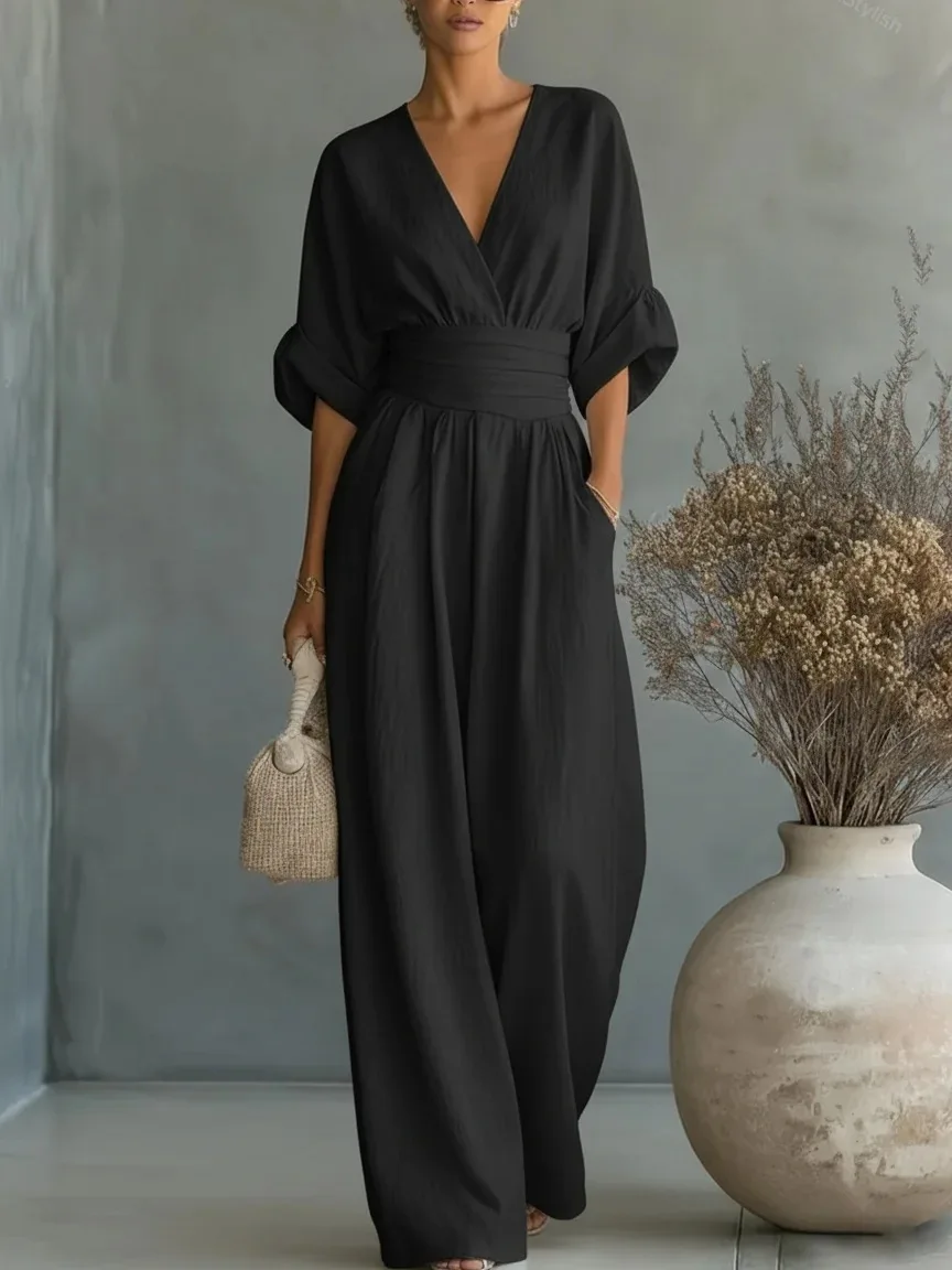 Waist V-Neck Jumpsuit Fabric Texture