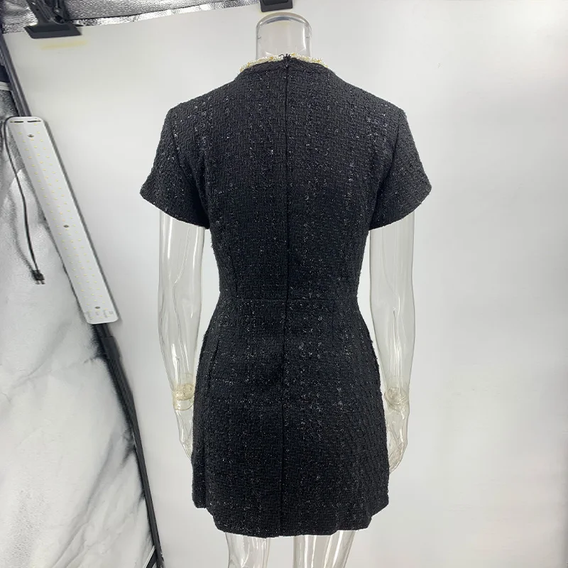 Elegant Tweed Mini Dress Women Square Collar Long Sleeve Shoulder Pads Dresses Female Autumn Lady HighStreet Robes