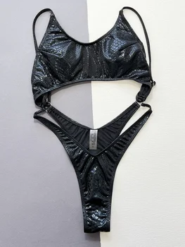 Women Black Snake Print Metallic Swimsuit One Piece Hollow Backless Bikini Swimwear Bathing Suit Beach Outfits Bodysuit Biquini