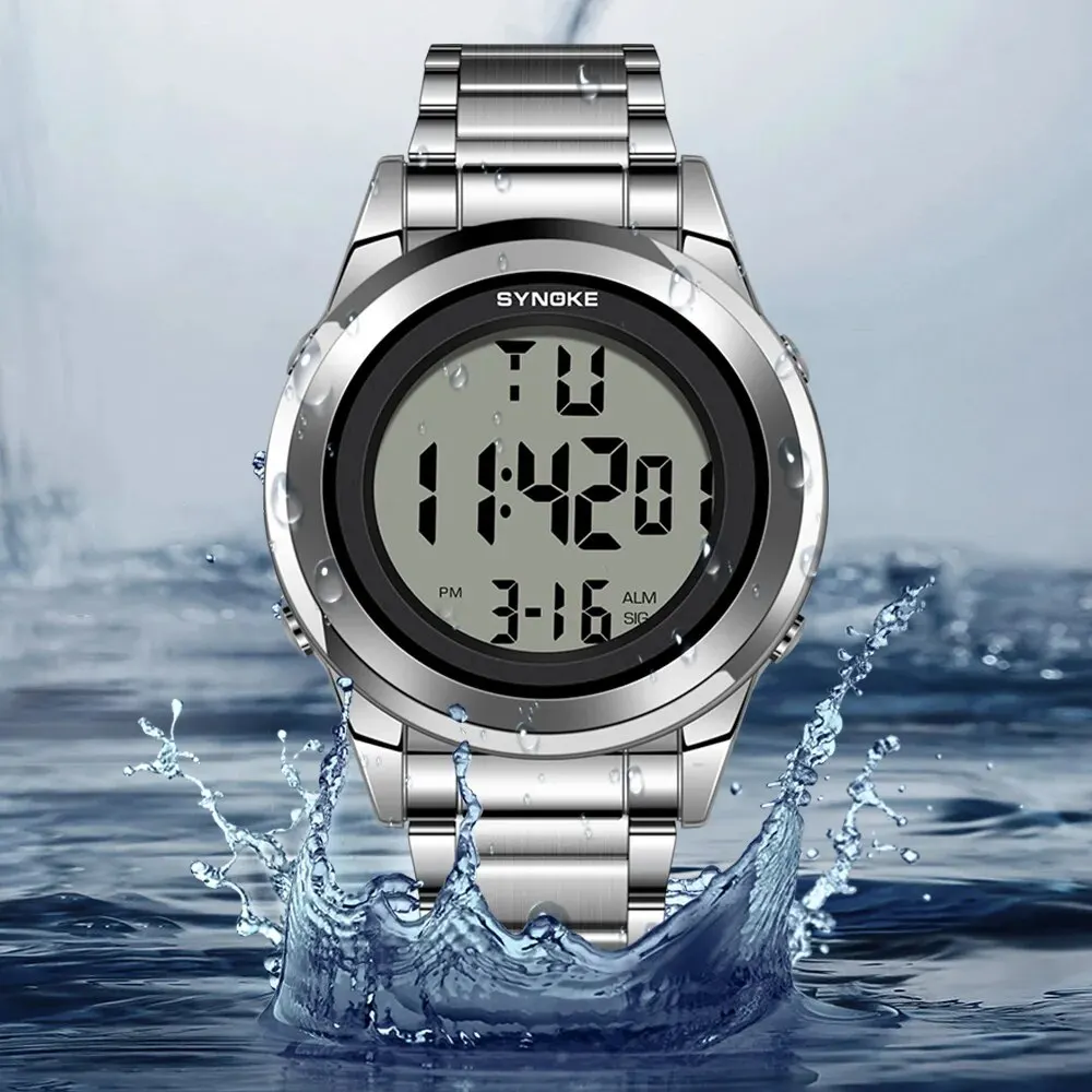 SYNOKE Top Brand Luxury Stainless Steel Alarm Hour For Mens Watches Fashion LED Men Digital Wristwatch Waterpoof 4