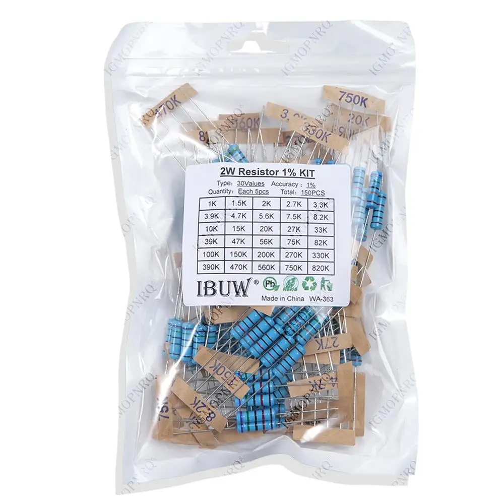 1/4W 1/2W 1W 2W 3W Resistance 1% Metal Film Resistor Assortment Kit Set 30Values Each 5/10PCS 1~750 1K~820K Ohm metal film resistor metal film resistors 150PCS 300PCS