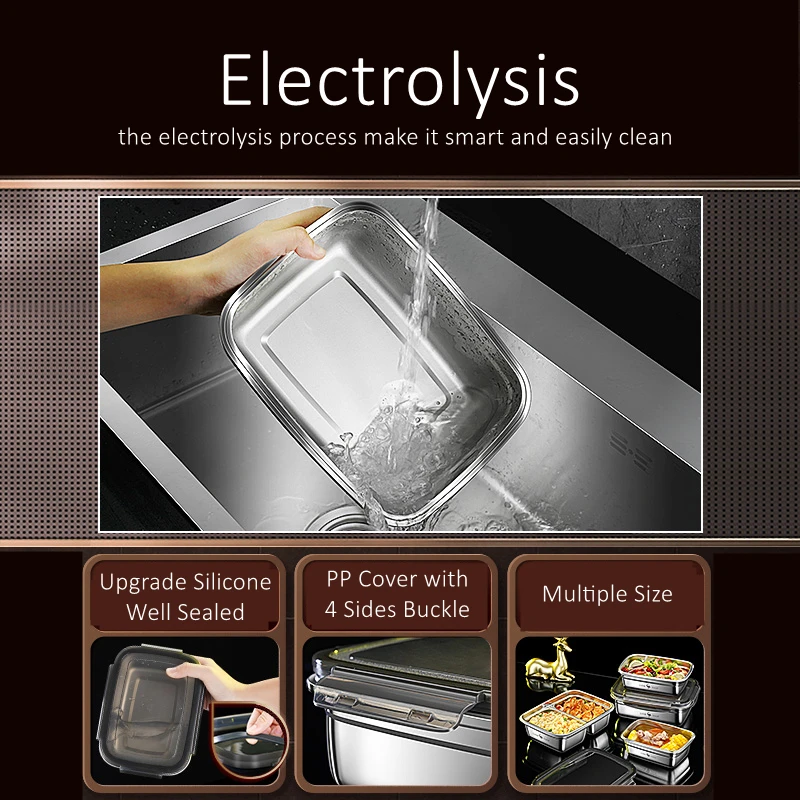 304 Stainless Steel Crisper LFGB Certficated Bento Box Meat Fruit Vegetable Preservation Food Box with 4 Side Buckle PP Cover