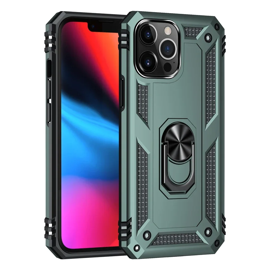 Shockproof Armor Bumper Case with Finger Holder and Magnetic Metal Ring Cover