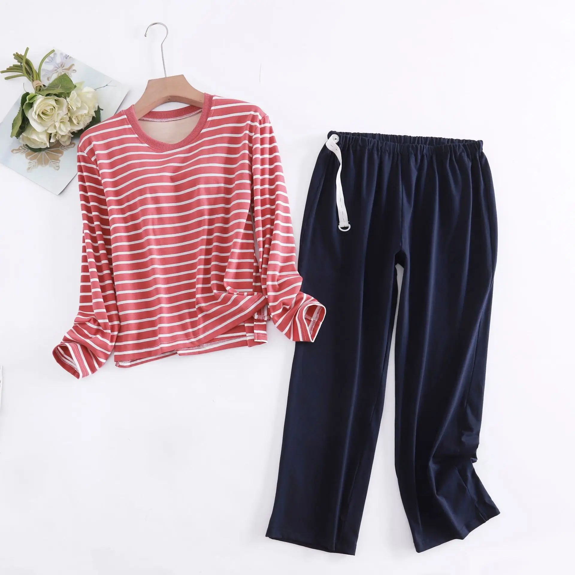 Baumwolle Streifen Brust Pad Nachtwäsche Set Langarm Einstellbare Split Hosen Außerhalb Anzug Casual Hause Kleidung Frauen Pyjamas – Detail 1