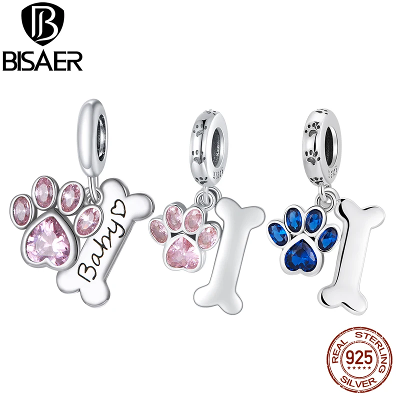 

BISAER 925 Sterling Cute Dog Paw & bone Charm Bead Pink Zircon Plated Platinum Pendant Fit Women DIY Bracelet Fine Jewelry Gift
