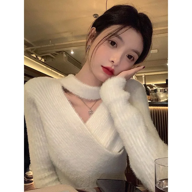 

Short neck sweater pullover women spring autumn pure sexy design irregular solid long sleeve knit sweater female pullover coat