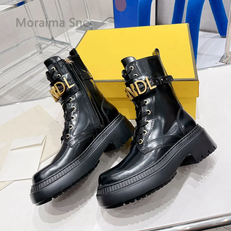 

Women's British Style Motorcycle Boots Chunky Platform Lace Up Zip Ankle Boots Metal Letter Decor Black Leather Female Shoes