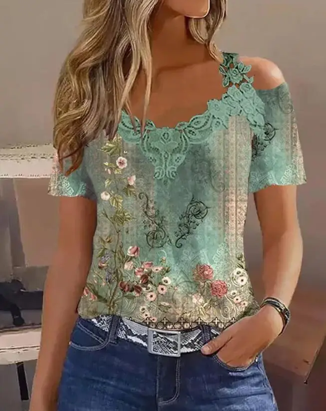 

Summer Women Fashion Casual Print Cold Shoulder Top Contrast Lace Floral Tribal Blouses Short Sleeve Daily Wear Commuting Style