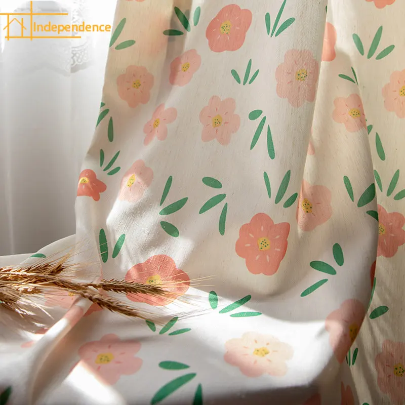 

New rural semi shading fresh linen green leaf pink small red flower curtains Curtains for Living dining room bedroom