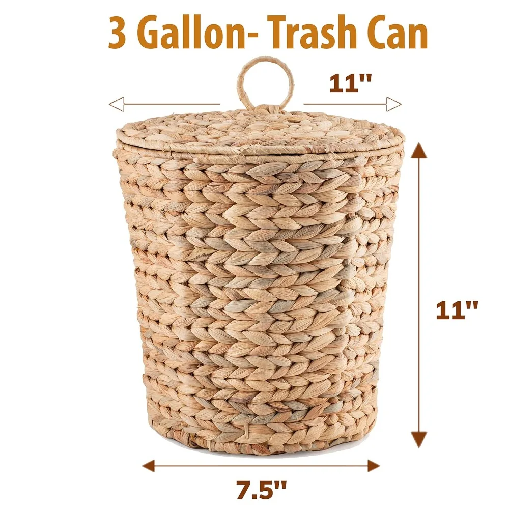Wicker Trash Can with Lid in Bedroom, Bathroom - Trash Can in Office - Boho Woven Wicker Waste Basket - Office Garbage Cans for