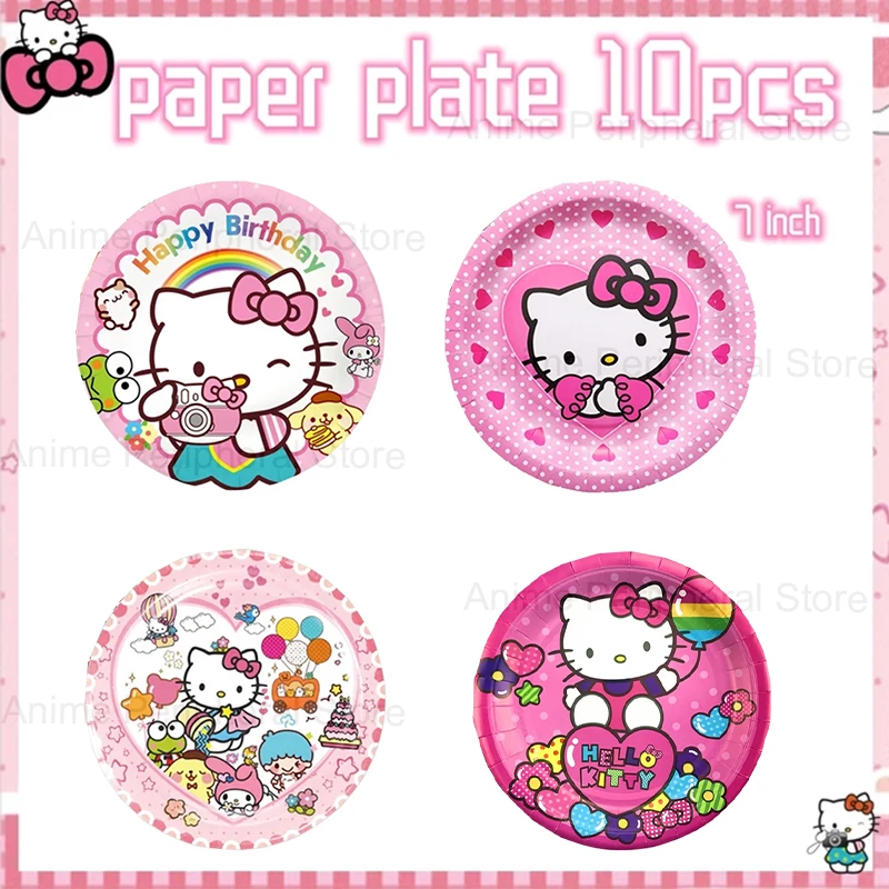 

Декоративная бумажная тарелка Sanrio HelloKitty, 10 шт./комплект, 7 дюймов, детский праздник для девочек, Мультяшные аксессуары, детский день рождения