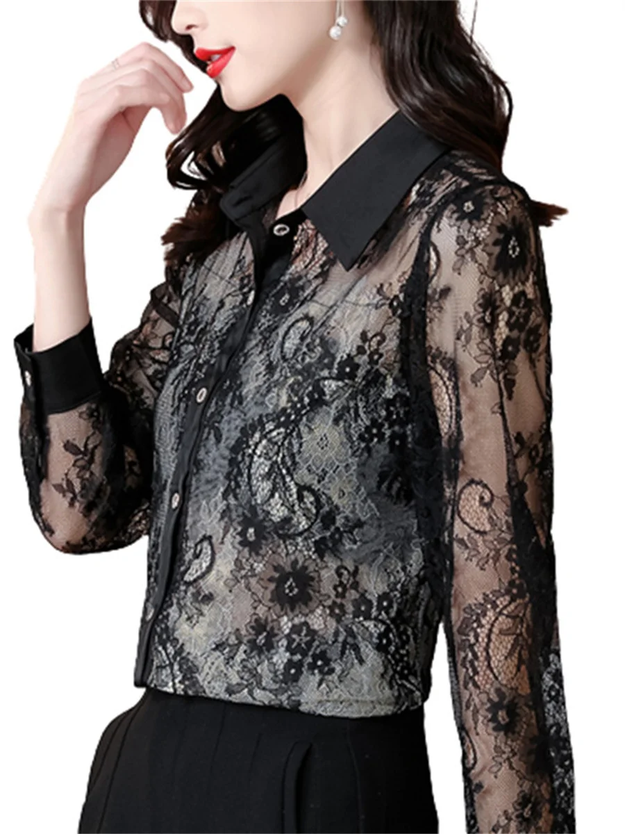 

Mesh Women Spring Summer Blouses Shirts Lady Fashion Casual Long Sleeve Turn-down Hollow Out Lace Blusas Tops CT0220