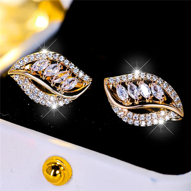 Cute White Zircon Stone Leaf Hoop Earrings For Women Female Gold Color Wedding Jewelry Gift