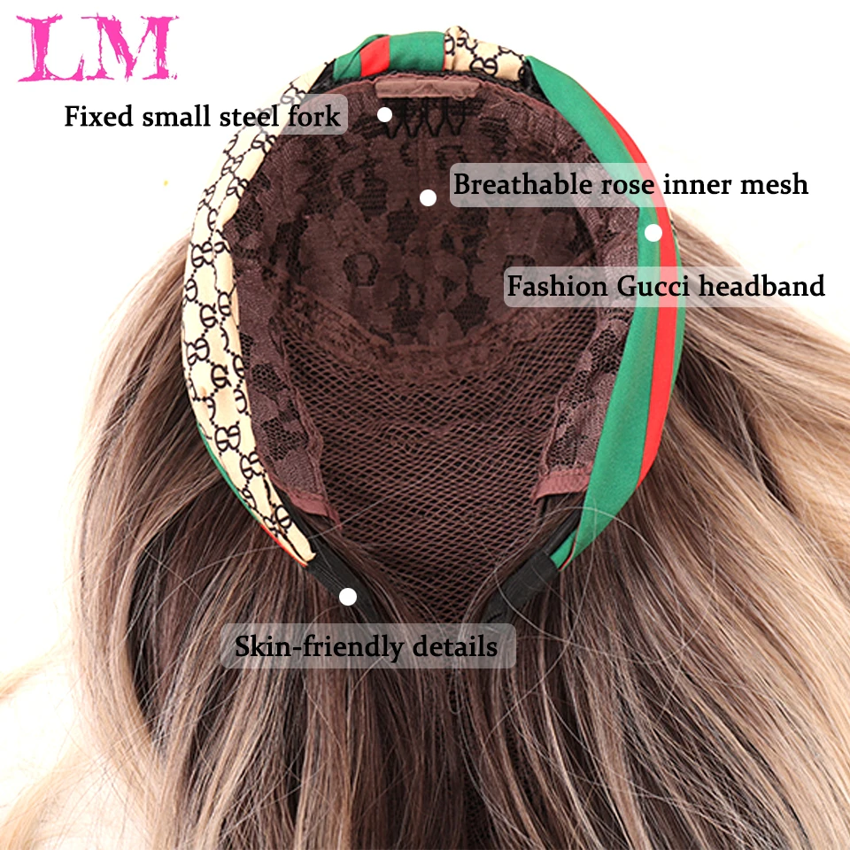 LM Synthetic Long Wavy Headband Wig Female Ombre Brown Black