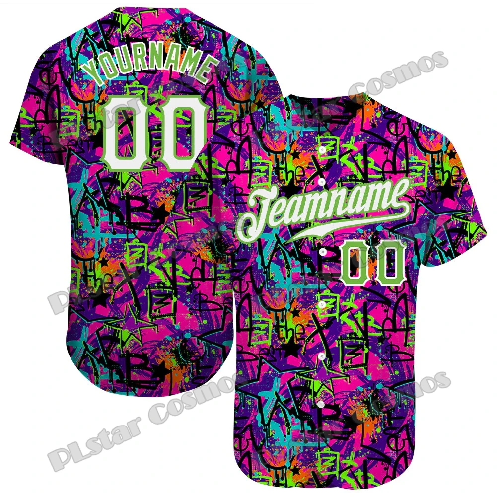 Graffiti Pattern White-Neon Green Custom Name 3D Printed Fashion Men's Baseball Jersey Casual hip hop Baseball Shirt BQW04