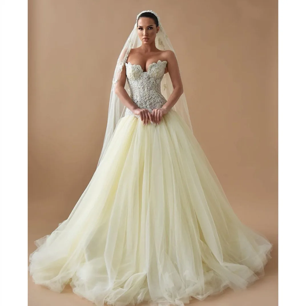 

Elegant Ball Gown Wedding Dresses Sleeveless V Neck Sequins Lace Train Appliques Ruffles Strapless Bridal Gowns Vestina De Novia