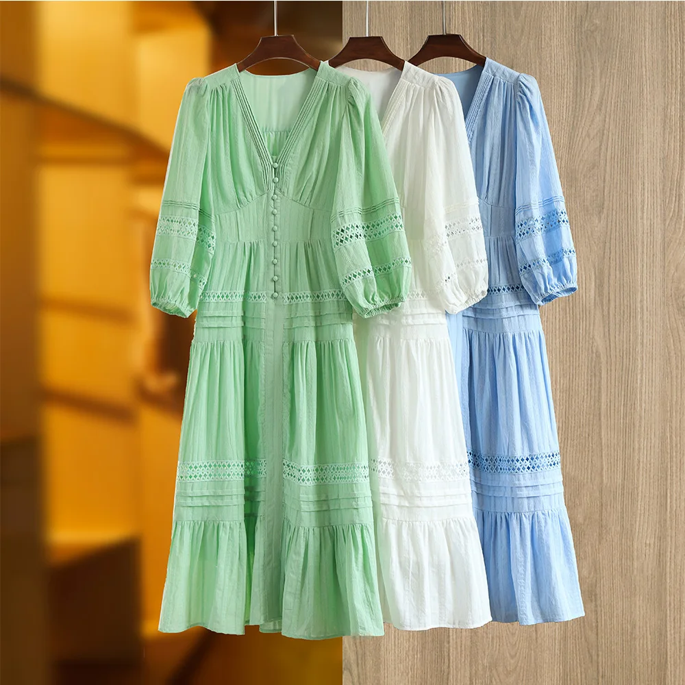 

French Summer Vacation Style Lantern Sleeve Elastic Wasit 3 Colors Fresh Women Cotton Lace Patchwotk Long Dress